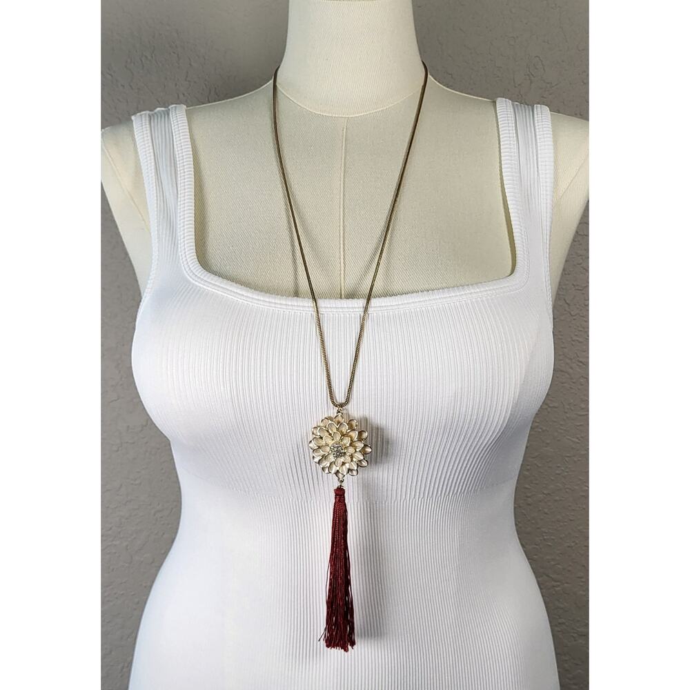 CATO Dahlia Blossom Flower Necklace with Rust Tassel Drop